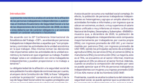 Portada de la nota técnica "¿Es obligatoria la afiliación a la seguridad social de las personas trabajadoras independientes?"