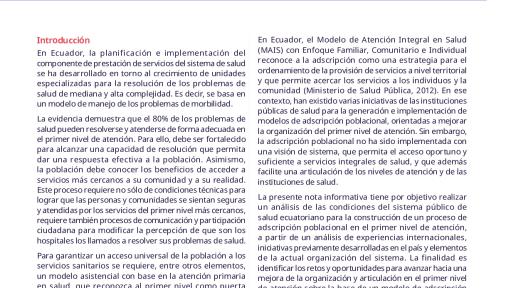 Portada del documento "Adscripción poblacional en el primer nivel de atención en Ecuador: retos y oportunidades