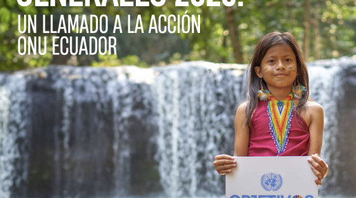 Portada de publicación "Elecciones Generales 2025, un llamado a la acción, ONU Ecuador" - la portada incluye el título de la publicación en azul, y la fotografía de una niña indígena de la comunidad kickwa de Pastaza, sosteniendo un cartel con la imagen de los Objetivos de Desarrollo Sostenible.
